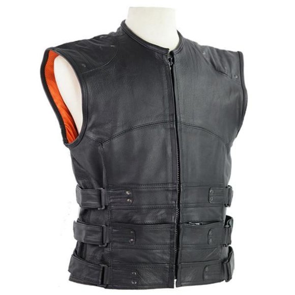 Men's Tactical Bullet Proof Style Naked Cowhide Leather Vest - Picture 1 of 5